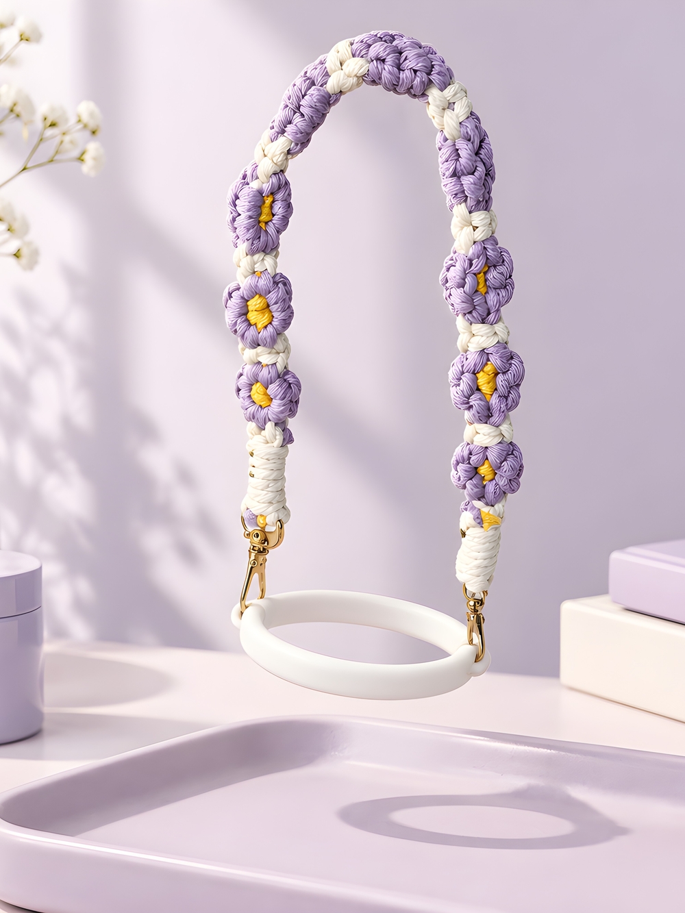 Handcrafted Lavender & Cream Macramé Phone Strap with Gold Hardware